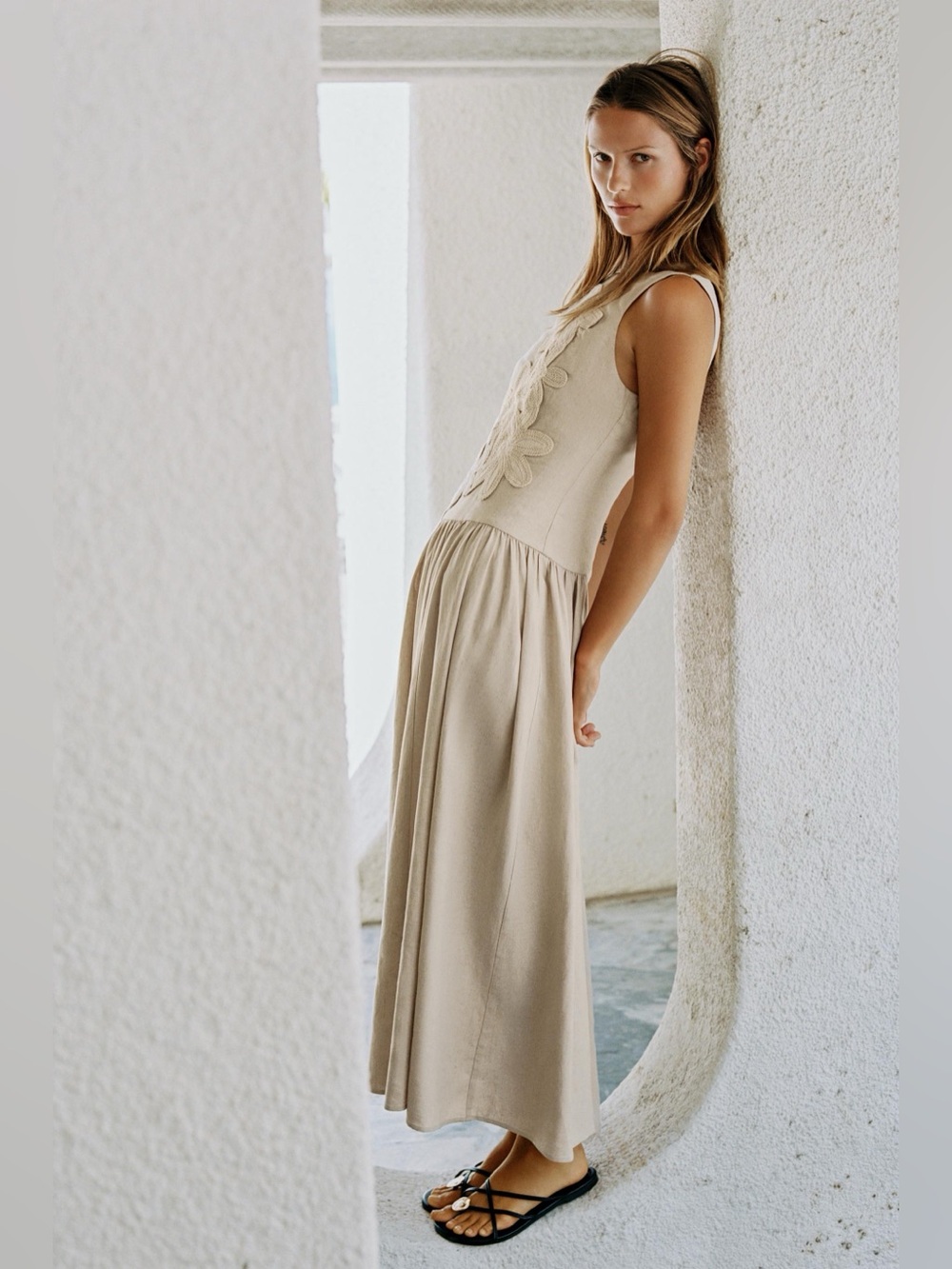 ZARA LINEN COMBINATION MIDI DRESS - Picture 5 of 12